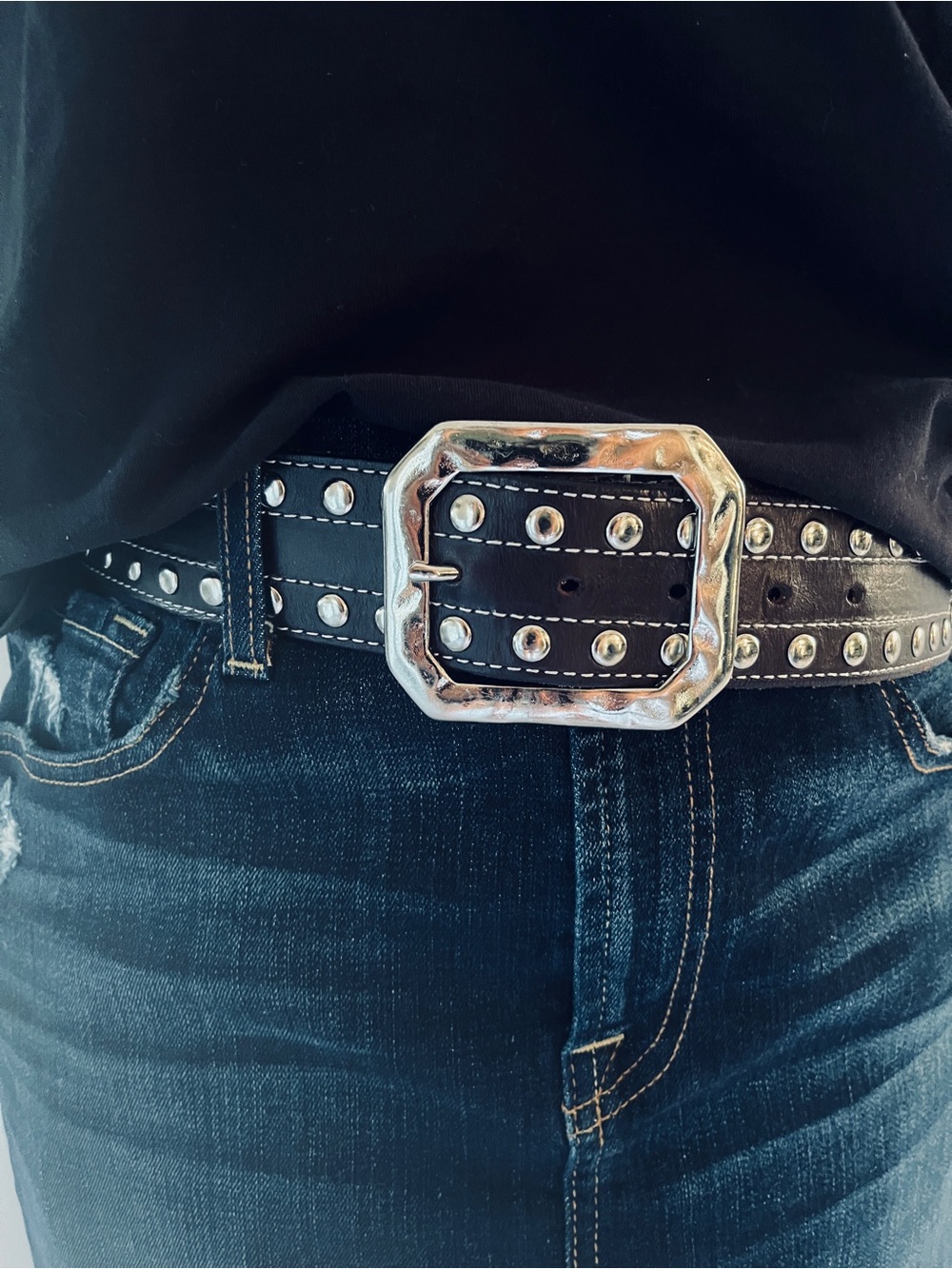 Betsey Johnson Naughty Studded Deep Brown Leather Belt Y2K Punk Moto Size M